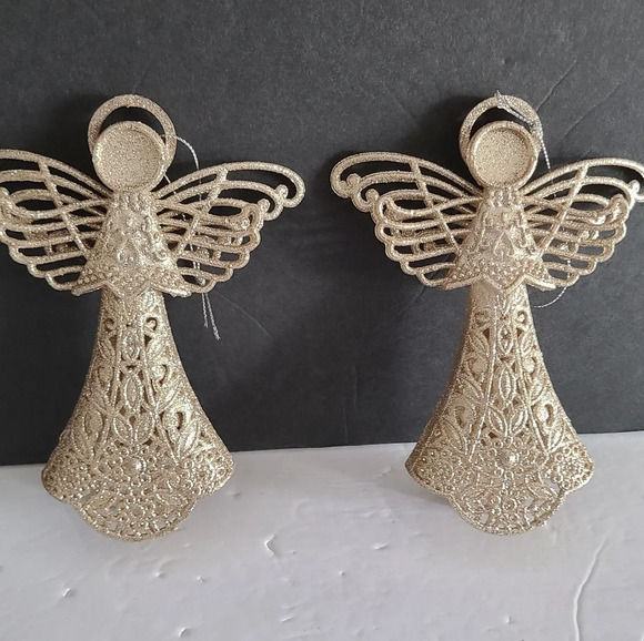 unbranded Other - Lot of 2 Christmas tree ornaments Glittered gold Angel plastic 6 in.